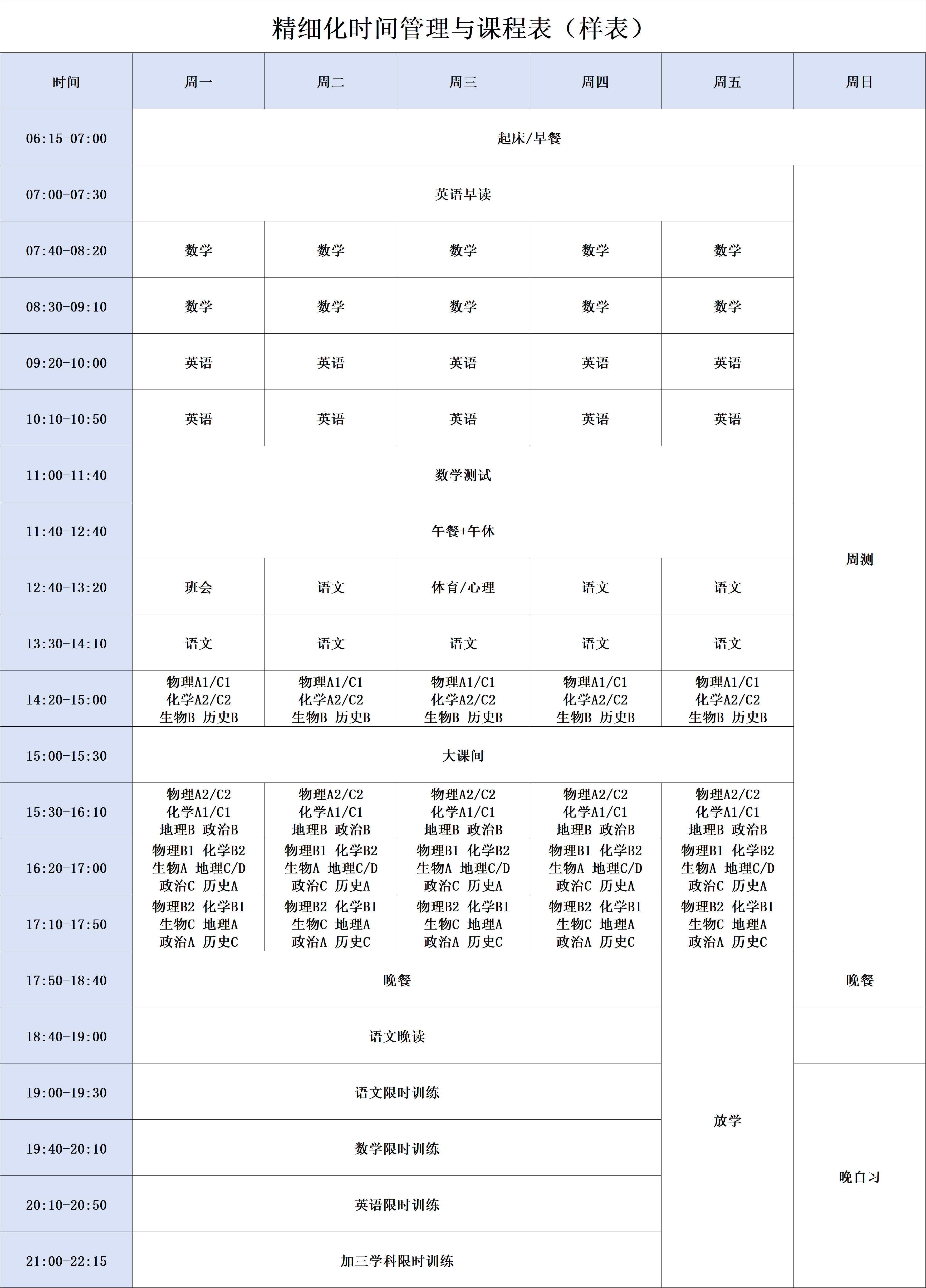 苏洵高复 官网 精细化时间管理与课程表（样表）